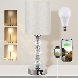 Clora Touch Bedside Crystal Lamps for Bedrooms Nightstand with USB C+A Charging Port 3 Way Dimmable Silver Table Lamp for Living/Guest/Dinning Room/Kitchen (Type A - Beige)