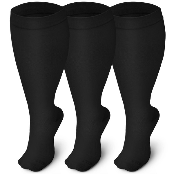 Iseasoo 3 pares de calcetines de compresión de talla grande de 20 a 30 mmHg para hombres y mujeres, calcetines extra grandes de pantorrilla ancha, evitan hinchazón, dolor (3XL, negro)