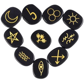 KYEYGWO Pack of 10 Obsidian Oval Crystal Runes Stone with Engraving Golden Gypsy Symbol, Gemstone Rune Stones Set Worry Stone Pocket Stones for Decoration Meditation Divination