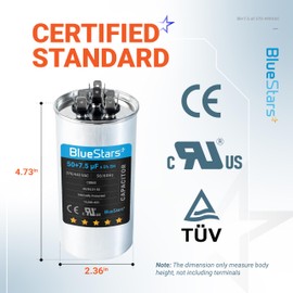[2025 Updated] BlueStars 50/7.5 uF 50+7.5 MFD ±5% 370 or 440 Volt AC CBB65 CBB65B Dual Run Round Capacitor - Air Conditioner Capacitor for AC Unit Fan Motor Start, Heat Pump, Condenser Straight Cool