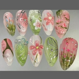 UEYRSEDB Flower Press on Nails Medium Almond Fake Nails with 3D Pink Flower Design Rhinestones Charms Glue on False Nail Spring Summer Floral Artificial Stick on Nail for Women 24Pcs