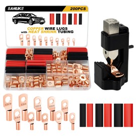 Sanuke 200PCS Battery Cable Ends with Hammer Lug Crimper Tool&Heat Shrink, AWG 2 4 6 8 10 12 Copper Ring Terminals Connectors 80PCS Copper Cable Wire Lugs & 120PCS Heat Shrink Tubing Crimping Tool Kit