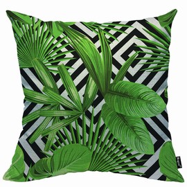 Mugod Green Palm Leaf Cushion Cover Throw Pillow Covers Summer Exotic Jungle Plant Tropical Palm Leaves on The Black White Pillow Case for Men Women Decorative Home Sofa Chair Couch 45x45cm/18x18 Inch