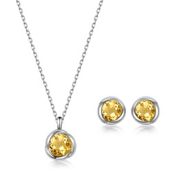immobird Women's Jewellery Set 925 Silver with Birthstone Pendant Necklace and Earrings Set Gift for Women Mum Girls, Sterling Silver, Citrine