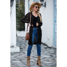 GRECERELLE Cardigan Women's Summer Long Cardigan Long Sleeve Hole Pattern Beach Jacket Lightweight Thin Front Open Cover Up, black, XL