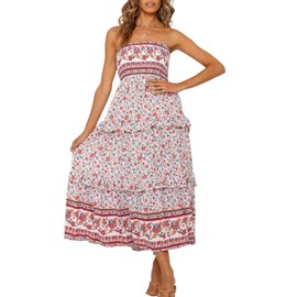 ZESICA Women's Summer Bohemian Floral Printed Strapless Beach Party Long Maxi Dress,Pink,Small