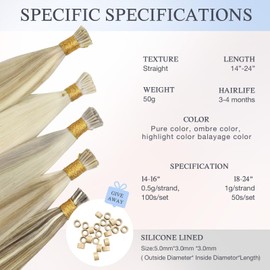 DOORES I Tips Hair Extensions, Dirty Blonde Highlights Bleach Blonde 50 g / 50s 45 cm, I Tip Cold Fusion Tip Hair Extensions Real Hair Extensions Real Hair ITip Extensions