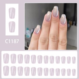 Medium Square Press on Nails Cat Eye,Pink Glitter Fake Nails Sparkly Shiny False Nails Cute Bling Glue on Nails For Daily&Party Acrylic Nail Full Cover Reusable Stick on Nail for Women Manicure 24Pcs