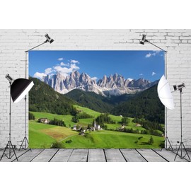 BELECO 8x6ft Fabric Outdoor Nature Mountain Photography Background European Alps Backdrop Dolomites Swiss Mountains Forest Scenic Green Hills Village Photo Backdrop Video Studio Photo Booth Props