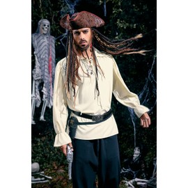 Mens Pirate Medieval Shirt Renaissance Costume Cosplay Victorian Gothic Tee Viking Vampire Tops Beige
