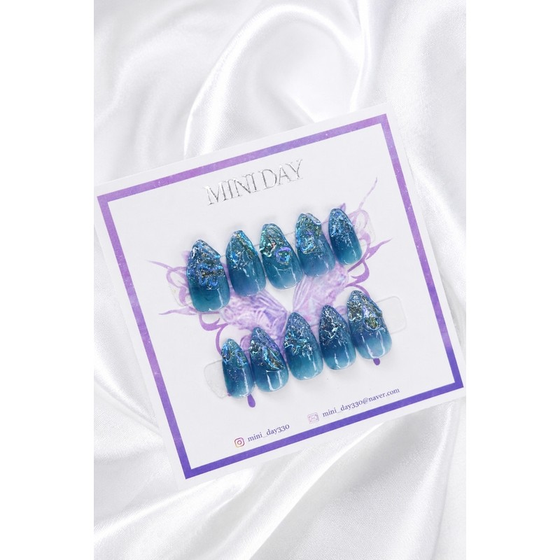 Deep Ocean Crystal Handmade Nail Tips - Long Stiletto /
