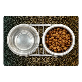 Lunarable Mandala Pet Mat for Food and Water, Round Design Detailed Floral Pattern in Earthy Tones, Non-Slip Rubber Mat for Dogs and Cats, 18" X 12", Fern Green