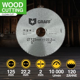 125mm Angle Grinder Cutting Disc for Wood, Plywood, Laminate, Drywall, Plastic - Saw Blade with 22.23mm Bore - 2mm Super Fine Cut Circular Saw Blade GRAFF