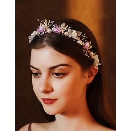 YUEKISEN Bridal Pearl Wedding Headband Gold Leaf White Flower Headpiece Princess Fairy Flower Headband Floral Hair Accessories for Women Photography Party Prom (Purple)
