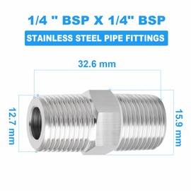ERGAOBOY 10 Pcs 304 Stainless Steel Hex Fittings, Pipe Fitting 1/4" BSP Male Pipe x 1/4" BSP Male Pipe