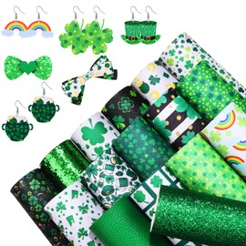16 Pieces St. Patrick's Day Faux Leather Sheets Shamrock Printed and Glitter Synthetic Leather Fabric 6.3 x 8.3 Inch for St. Patrick's Day DIY Craft Bag Sewing Festival Decor Earring Hair Bow Making