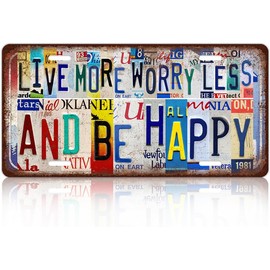 Cuixue Vintage License Plate Wall Decor Live More Worry Less And Be Happy Metal Tin Sign For Bar Home 12 x 6 Inches