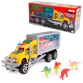 abeec Dino Transporter Truck with Flip-Open Container & 4 Dinosaurs - Friction Powered, Dinosaur Transporter Truck - Dinosaur Toys For Boys and Girls Aged 3 and above