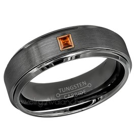 6mm Brushed Gunmetal Tungsten Carbide Wedding Band with 0.05ctw Princess Cut Garnet Tungsten Ring - Comfort Fit Tungsten Anniversary Ring - RG Bezel