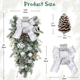 30" Christmas Teardrop Swag for Front Door Artificial Winter Swag Garland with Pine Cones, Berry Clusters, White Ball Ornaments and Ribbons for Thanksgiving Holiday Christmas Decoration