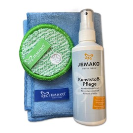 Jemako Plastic Care Set 3 Pieces – 200 ml Care Products – Professional Cloth Blue – Cleaning Pad Green