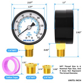 MEANLIN MEASURE 0-150Psi 2" DIAL FACE 1/4" NPT Well Pump Pressure Gauge, with 1/2" NPT and 3/8" NPT Hex Bushing, 3-2-3% Accuracy，Lower Mount