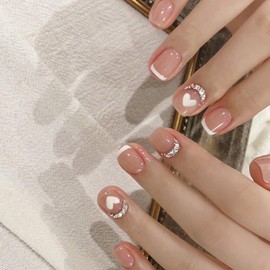 Vezocim French Press on Nails Square Short, 24Pcs Glossy Nude Artificial Fake Nails with Heart and Rhinestone Designs, Full Cover Acrylic Coffin False Fingernails with Charm for Women Girls