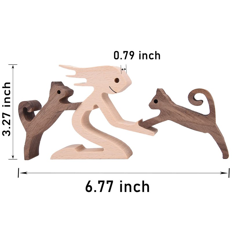 KINGNOW Woman and Cat Statue Wood Figurine Handcraft Kitty Ornament