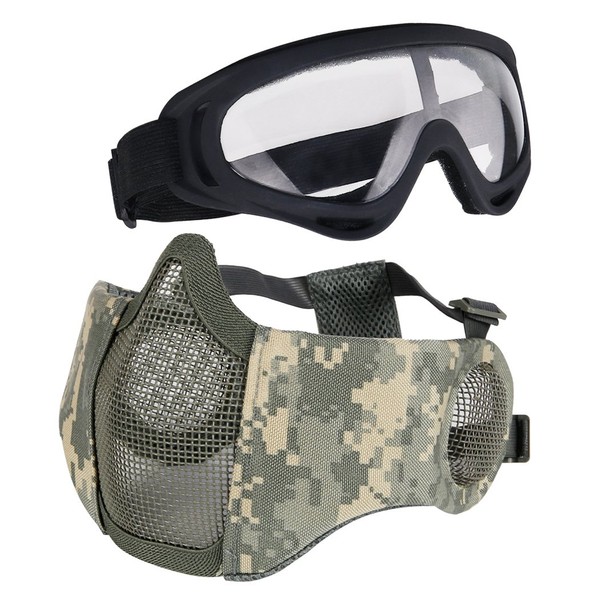 AOUTACC Tactical Foldable Mesh Mask with Ear Protection for Airsoft Paintball CS Shooting Cosplay with Adjustable Airsoft Goggles - ACU