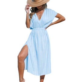 CUPSHE Women Beach Cover Up V Neck Short Sleeve Striped Midi Swimsuit Coverup Dress XS-XXL Light Blue, S