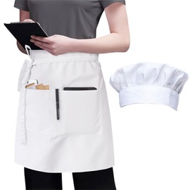 PARFCO Chef's Hat Apron Set, Polyester Adjustable Chef's Hat, Bib Apron, Strappy Chef's Apron, White, with 3 Pockets, Elastic Chef's Hat, for Kitchens, Restaurants, Hotels, White