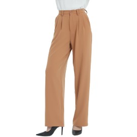 Tronjori Women High Waist Casual Straight Leg Dress Pants Office Work Trousers Suit Pants Back Elastic Waistband(XL, Brown)
