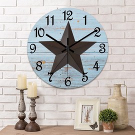 15 Inch Round Wall Clock Western Texas Star Decorative Wall Clock Vintage Wood Clock Non-Ticking Battery Operated Silent Easy to Read Vintage Time Clock for Living Room Patio Farmhouse Home Decor