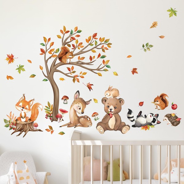 decalmile Wall Sticker Forest Animals Tree Leaves Bear Deer Fox Squirrel Wall Sticker Baby Room Nursery Bedroom Wall Decoration