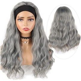 Petelf Body Wave Headband Wigs Synthetic Hair Glueless Gray Wigs for Black Women 26 Inch Long Wavy Synthetic Half Headband Wig 180% Density Natural Looking Sliver Grey Curly Wig for Daily Wear