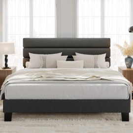 Modern King Bed Frame Headboard, Linen Fabric Upholstered Platform Bed Furniture