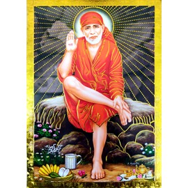 Crafts of India Blessing Sai Baba - Póster de Dios Hindú con lámina dorada, reimpresión sobre papel (sin marco: tamaño 5 x 7 pulgadas)