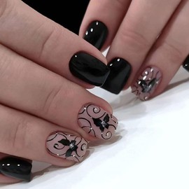 Acrylic Press on Nails Short Square Fake Nails with Black Butterfly Designs Black Nails Press ons Glossy Glue on Nails Fall Winter False Nails Artificial Stick on Nails for Women 24 Pcs