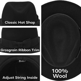 100% Wool Fedora Trilby Hat Classic Wide Brim Panama Felt Hats(Black,M)