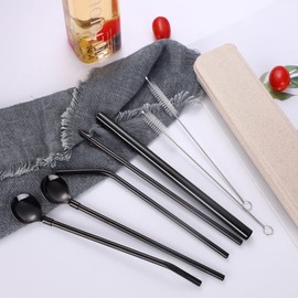 Hoshen 7-Piece Black Stainless Steel Straw Spoon Set, 8.5 Inch Reusable Straw, With Carrying Case (3 Straws/2 Straws Spoon/2 Brushes)