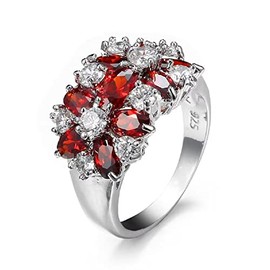 ASFKIPMF Elegant Huge Natural Tanzanite 925 Silver Filled Red Ruby Wedding Ring Gift Zircon Engagement Wedding Anniversary Wedding Engagement Party Gorgeous Pomegranate Ruby Ring Size O