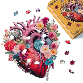 Figured'Art Wooden Puzzle for Adults and Children, 200 Pieces, Floral Heart Anatomy, Original Design, 28.8 x 32.9 cm, Unique Shape with Premium Wooden Box