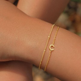 Turandoss Gold Layered Initial Bracelets for Women Jewelry Gifts - Dainty 18K Real Gold Plated Letter C Initial Bracelets Layered Bead Chain Bracelet Gold Initial Bracelets Jewelry Gifts for Women