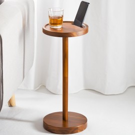 Drink Table, 24.4" Tall Compact Side Table with Phone Slot and Weighted Base, Durable Pedestal Table Accent for Living Room (Stepped Base, Acacia)