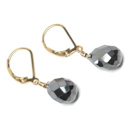 Hematite Faceted Teardrop Lever Back Earrings Gold-Filled