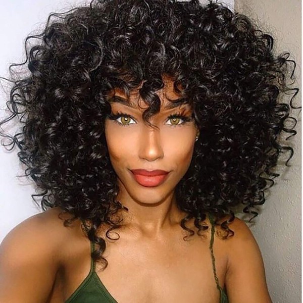 YEESHEDO Afro Wig Black Brazilian Synthetic Brazilian Kinky Curly Natural Hair for Women, Kinky Curly with Fringe Short Wigs for Black Women