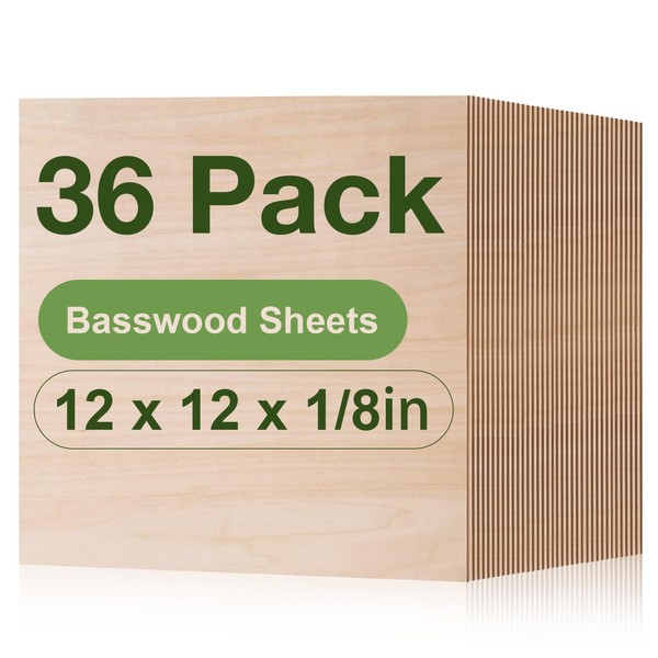 Wowood 36 Pack Basswood Sheets, 12 x 12 x 1/8