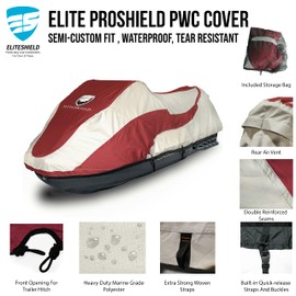 EliteShield Trailerable Jet Ski Cover, Heavy Duty Waterproof Marine Grade 600D Solution-Dyed Polyester PWC Cover, Fits from 103" to 115" 1 or 2 Seater, Two Tone Red/Gray Color