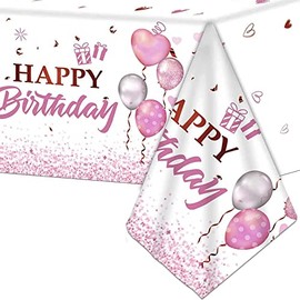 137*274cm Happy Birthday Disposable TableCloth Tablecover for Girls Her Birthday Party,Pink Birthday Rectangular Dining Table Cover Plastic Tablecloths for Baby Girls Women Birthday Party Decorations