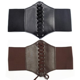 Goldyida Pack of 2 Costume Dress Waist Belt Vintage Elastic Wide Waspie Waist Belt Women's Lace Corset Tied Belt Girls Waspie Corset Waist Belt Black + Brown, Black and brown